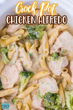 chicken alfredo with broccoli in a white bowl