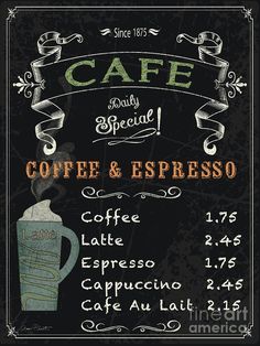 a menu for coffee and espresso on a blackboard with an ornate frame