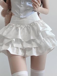 ❤︎Sweet Girl Slim Puff Sleeve Top + Flared Ruffle Skirt + Ribbon❤︎ Ruffle Skirt Reference, Skirts With Ruffles, Ruffle Skirt Sewing Pattern, White Puffy Skirt, Mini Ruffle Skirt, Junk Kouture, Short Ruffle Skirt, White Ruffle Skirt, Coquette Dress