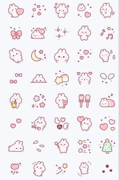 an assortment of cartoon stickers on a white background, with pink and red colors