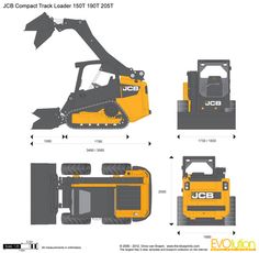 the jcb compact track loader is shown in three different views, including the front and