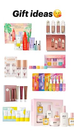 the contents of an assortment of beauty products are displayed on a white background with text that reads gift ideas