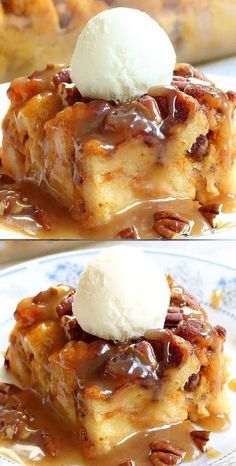 two pictures of desserts with ice cream on top and caramel sauce on the bottom