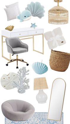 an assortment of furniture and accessories including a desk, chair, mirror, lamp, rugs