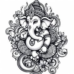 an intricately designed drawing of the hindu god ganesha in black and white