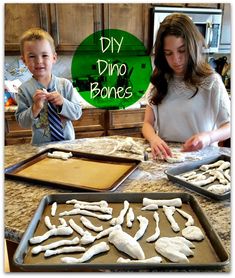 two children and an adult are making dinosaur bones on the kitchen counter with text overlay that reads diy dino bones