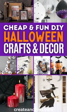 Collage of DIY Halloween decoration ideas and crafts for adults. Spooky Front Porch Decor, Spooky Front Porch, Halloween Craft Templates, Halloween Yard Decorations Diy, Halloween Signs Diy, Cheap Halloween Diy, Diy Halloween Crafts, Cheap Diy Halloween Decorations