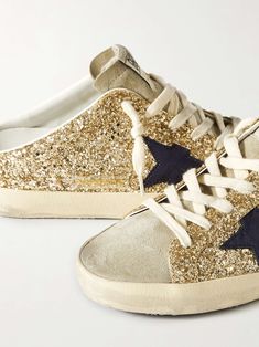 GOLDEN GOOSE Super-Star Sabot distressed leather-trimmed glittered suede slip-on sneakers Golden Goose Deluxe Brand, Star Logo, Star Sneakers, Super Star, Knitwear Tops, Distressed Leather, Beauty Sets, Golden Goose, Clothes Collection