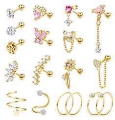 PRICES MAY VARY. 💕FASHION STUD EARRING SET:One Order You can Get 18 PCS Cartilage Earrings, Including: 12 Pcs Cartilage Earrings Studs+4 Pcs Cartilage Earrings Hoop+2 Pcs S-Shape Ear Cuff/ Wrap Earrings, Fashion Style Makes It Stands out Among all Other Cartilage Earrings, So Dainty and Adorable. Deserved to Buy. 💕HIGN QUALITY MATERIAL: These Cartilage Earrings are Made of 316L Surgical Steel with CZ, Will not Get Skin Allergy, Healthy and Rust-resistant, Nickel-free and Lead-free, Suitable fo Tragus Piercing Jewelry, Heart Leaf, Helix Piercing Jewelry, Cartilage Earrings Stud, Cartilage Earrings Hoop, Cartilage Earring, Tragus Earrings, Dainty Studs, Gauged Earrings