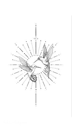 a black and white drawing of a bird flying through the air with sunbursts