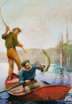 two men on a boat with fish in the water and one man holding a fishing pole