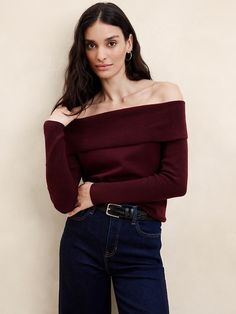 Off -The-Shoulder Pullover Sweater | Banana Republic Factory Off The Shoulder Long Sleeve, Red Off Shoulder Sweater, Off The Shoulder Sweater, Red Off-shoulder Tops For Fall, Off The Shoulder Sweater Outfit, Fitted Off-shoulder Sweater, Soft Dramatic Kibbe, Chic Off-shoulder Winter Sweater, Fall Fitted Off-shoulder Sweater