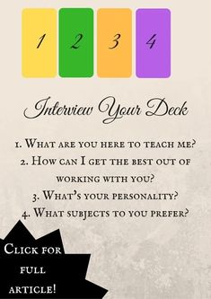 an info sheet with the words interview your deck on it and four squares in different colors