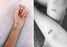 two pictures one with numbers and the other with words on their arms, both showing tattoos