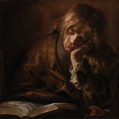 a painting of a man with his head in his hands reading a book and looking at the viewer