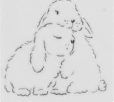 a black and white drawing of a bunny sitting on the ground with its eyes closed