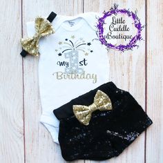 New Year's First Birthday Shorts Outfit, New Year's Baby 1st birthday, New year's birthday ideas, New year party, Baby first birthday ideas, New Years baby outfit, New year's Eve toddler outfit, 1st birthday new year, Holiday photo shoot ideas New Years Eve Toddler, Outfit New Year, Baby Tutu Outfits, Outfit Holiday, Holiday Photoshoot, Bodysuit Designs, New Year's Eve Party, Baby 1st Birthday, Sequin Bow