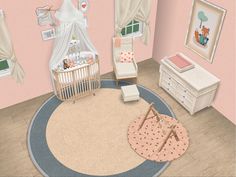 a baby's room with pink walls and furniture