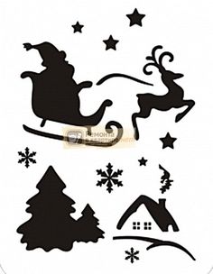 the silhouettes of santa claus and his sleigh are shown in black on white