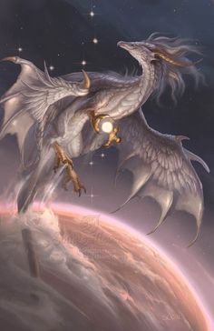 a painting of a dragon flying over the earth with its wings spread out and glowing