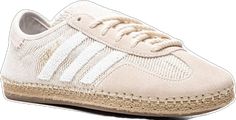 Sporty Cream Sneakers With Embroidered Logo, Beige Sneakers With Embroidered Logo For Streetwear, Beige Embroidered Logo Sneakers For Streetwear, Adidas Cream Sneakers With Contrast Sole, Adidas Beige Sneakers With Rubber Sole, Adidas Cream Sneakers With Laces, Beige Leather Sneakers With Embroidered Logo, Adidas Beige Lace-up Sneakers, Adidas Beige Sneakers With Laces