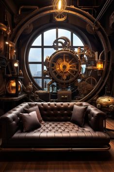 a brown leather couch sitting in front of a large window with steam clocks on it