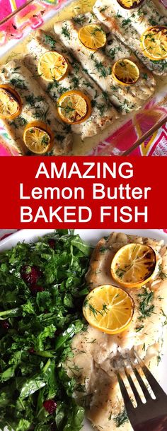 lemon butter baked fish on a plate with spinach and oranges in the background