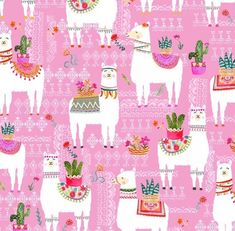 llamas and cactuses on pink background