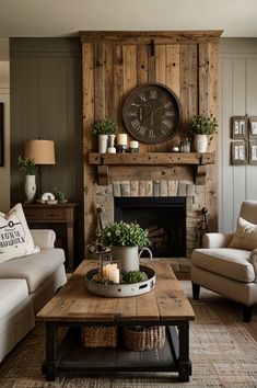 a living room filled with furniture and a large clock on the wall above the fireplace