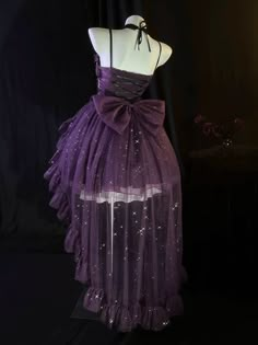 Purple Starry Princess Dress with Adjustable Straps, Ruffle Sweetheart Neckline, Waist Adorned with a Bow and Detachable Chain, Back with Elastic, Multi-Layered Sparkling Skirt with Bow Train.  This dress is perfect for formal events, such as proms, weddings, or galas. Its adjustable features and elegant details make it a versatile and stunning choice for any special occasion.     Full Set: A jumper skirt + a detachable train + a choker.      	 		 			Size 			XS 			S 			M 			L 			XL 		 		 			Bust Glitter Princess Dress, Ruffle Prom Dress, Mermaid Prom Dresses Lace, Party Queen, Purple Prom Dress, Glitter Design, Jumper Skirt, Light Dress, Queen Dress