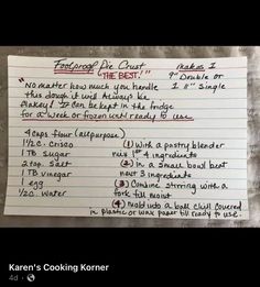 a piece of paper that has been written on it with the words, keren's cooking koner