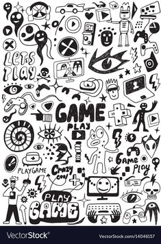 black and white game doodles on a white background