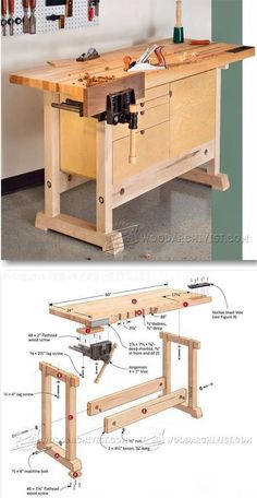 the plans for a workbench are shown in two different views, one with tools on it