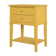 a yellow night stand with two drawers on one side and an open drawer on the other