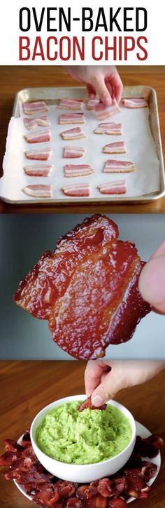 bacon is being spread over the top of a bowl with green guacamole