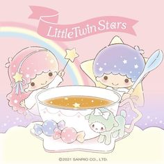 two little twin stars are sitting in front of a bowl of soup with an umbrella