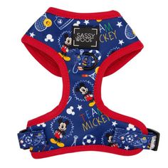 a blue and red dog harness with mickey mouse print on the front, it says easy way