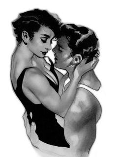 a drawing of two people in swimsuits embracing each other with their arms around one another