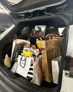 the back end of a car filled with shopping bags