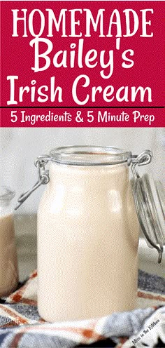 homemade bailey's irish cream recipe in a glass jar on a plaid cloth with the title overlay