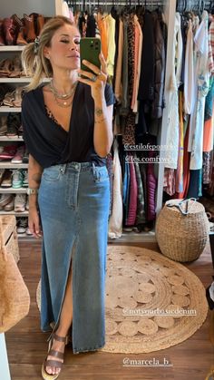 Long Denim Skirt Outfits, Skirt Outfits For Women, Long Skirt Outfits For Summer, Fashion Dresses For Women, Midi Jeans