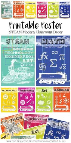 the printable poster for steam modern classroom decor is shown in different colors and sizes