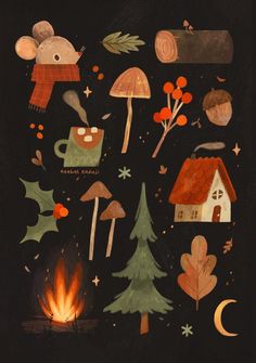 the illustration shows different types of trees, mushrooms and other things that can be seen in this