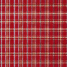 a red plaid fabric with white and blue stripes