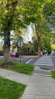 a street sign on the side of a road next to a tree and grass covered sidewalk