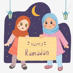 two girls are holding a sign that says happy raman, with the moon in the background