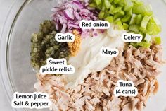 the ingredients for tuna salad in a glass bowl on a white surface with text above it