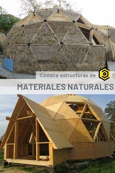 two pictures showing different types of houses made out of hay