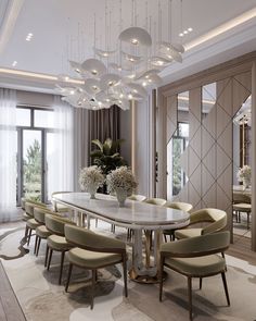 an elegant dining room with chandelier and marble table surrounded by beige upholstered chairs