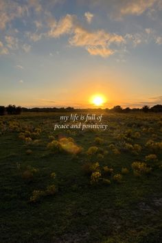 the sun is setting over an open field with grass and bushes in front of it that says, my life is full of peace and positivity